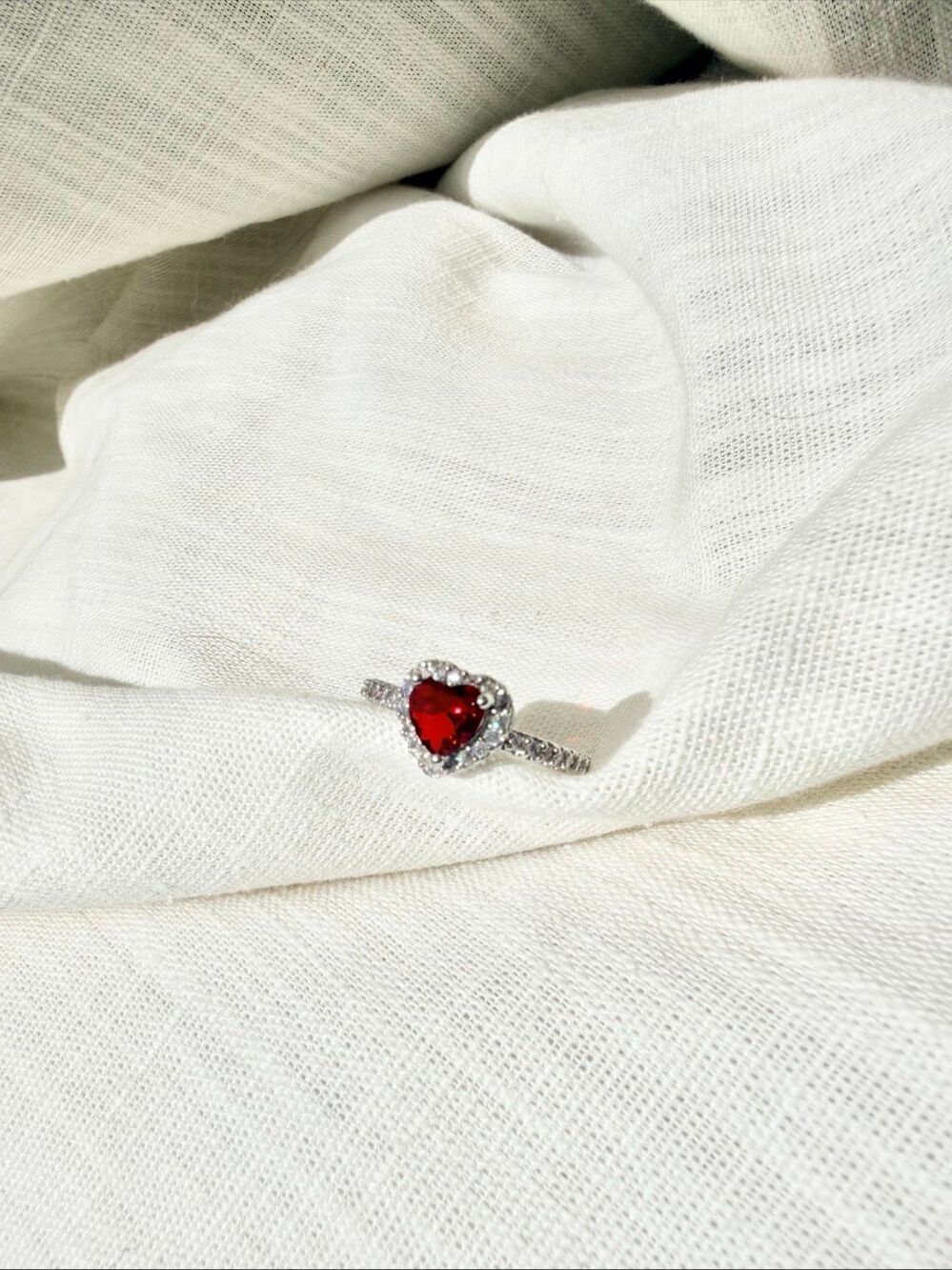 Red Heart Cubic Zirconia Adjustable Ring Silver Tone Halo